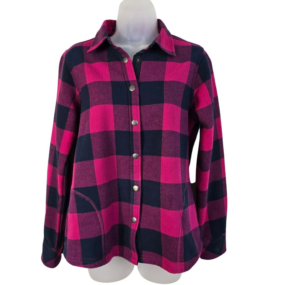 Orvis Shacket Womens S Pink Navy Buffalo Check Flannel Fleece Lined Granola Girl